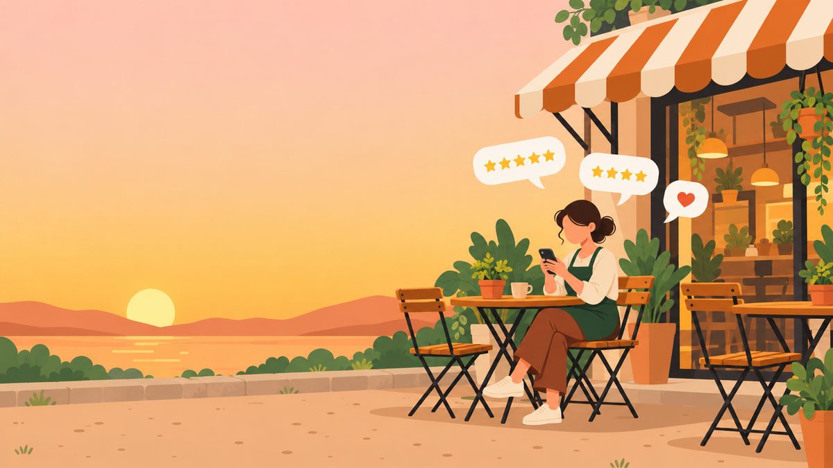 Ilustración de la dueña de una cafetería en su terraza al atardecer, mirando su celular, con globos de reseñas de cinco y cuatro estrellas